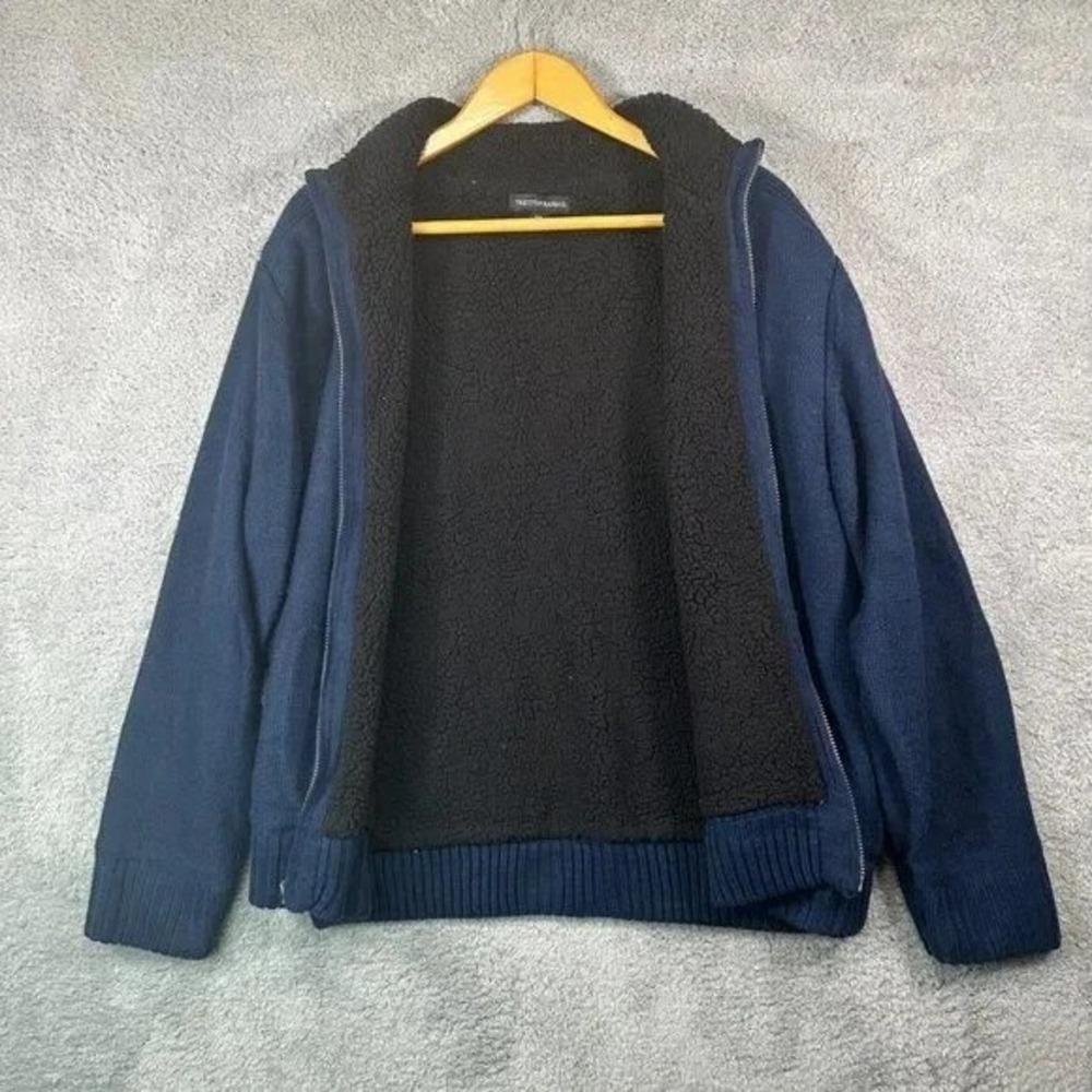 Tricots St Raphael‎ Mens XXL Navy Blue Faux Shearling Lined Full Zip Cardigan